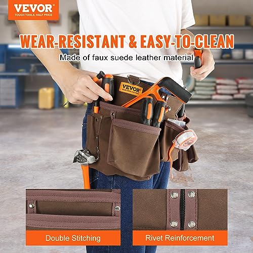 VEVOR 13 Pockets Tool Belt, Adjusts from 29 Inches to 54 Inches, Leather Heavy Duty Tool Pouch Bag with Dual Hammer Loops, Tool Bag for Electrician, VEVOR