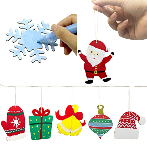 Hidreas 50 Pcs DIY Wooden Ornaments Christmas Wooden Ornaments Making Kit Christmas Crafts with Wax Rope and Rhinestone Stickers for Christmas Hidreas