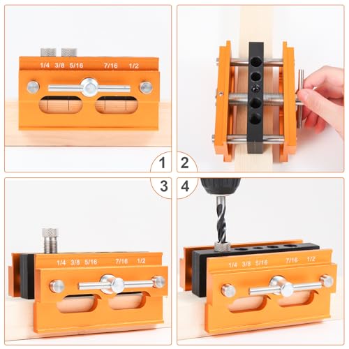 Samrira Self Centering Dowel Jig - Doweling Jig Kit for Woodworking Drill Guide For Straight Holes Wood Tools Width Adjustable with 6 Bushings + 3 Samrira