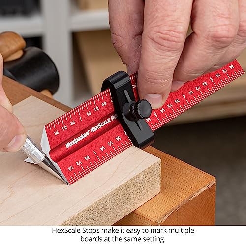 Woodpeckers Hexscale Rule, 12 Inch / 300MM, 6-in-1 Woodworking Ruler with Stop, Inch & MM Graduations, Zero Centering Scale, R2L & L2R Measuring Woodpeckers