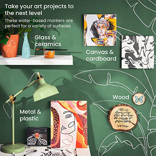 ARTEZA Acrylic Paint Markers, Pack of 12, White, Long-Lasting Acrylic Paint Pens with Plastic Nib, Art Supplies for Painting on Metal, Canvas, Rock, ARTEZA