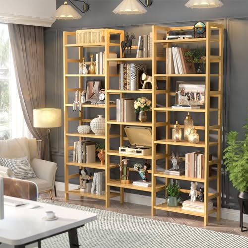 Homykic 6-Tier Triple Wide Bamboo Bookshelf with 17 Open Shelves – 6ft Tall Freestanding Bookcase for Home and Office Homykic