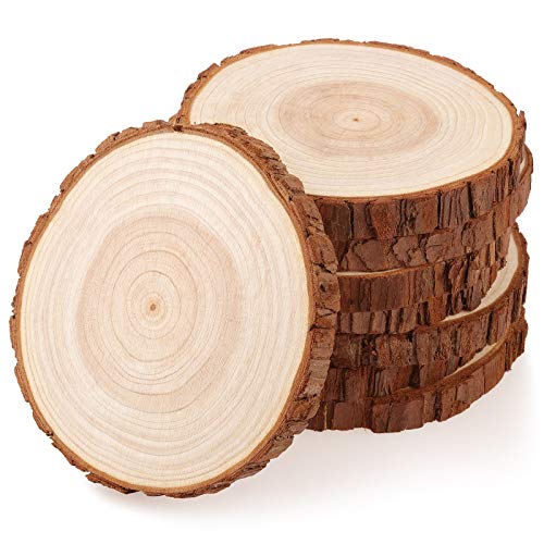 Fuyit Wood Slices 8 Pcs 5.1-5.5 Inches Unfinished Natural Tree Slice Wooden Circle with Bark Log Discs for DIY Arts and Craft Rustic Wedding Fuyit