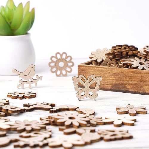 Creaides 100pcs Mini Bird Wood DIY Crafts Cutouts Wooden Bird Flower Butterfly Slices Embellishments Gift Unfinished Wood Ornaments for DIY Projects Creaides