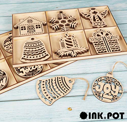 Inkdotpot 18pcs Wooden Christmas Ornaments, Unfinished Wooden Laser Cutouts Snowflakes/Tree Shaped Embellishments Hanging Ornament for Christmas Inkdotpot