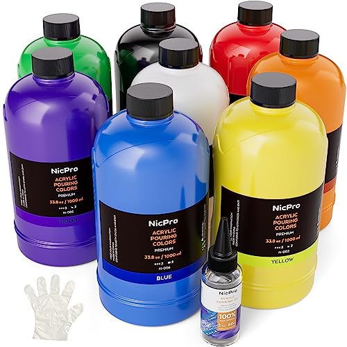 Nicpro 8 Colors Large Bulk Acrylic Pour Paint Set (33.8 oz, 1000 ml) Premixed High Flow Art Pouring Paint Supplies Kit with Silicone Pour Oil, Gloves Nicpro