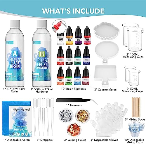 JANCHUN Epoxy Resin Kit Gift Box, Coating and Casting Coaster Molds for Resin Casting with Gold Flakes Color Pigments, Art Resin Premium Clear for JANCHUN