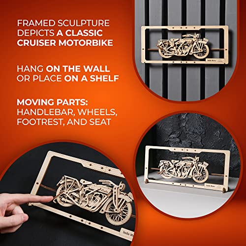 UGEARS Indie Moto 2.5D Puzzle - Wooden Motorcycle Model Kits for Adults with Moving Handlebar, Wheels, Footrest and Seat - DIY 2.5D Motorcycle Puzzle UGEARS