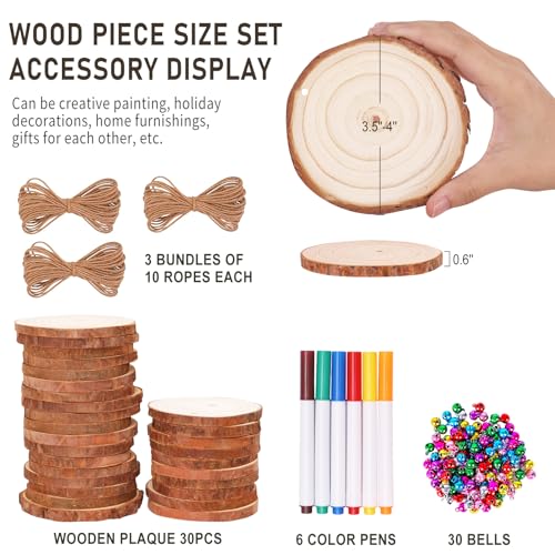 Max Fun Natural Wood Slices 30PCS 3.5-4'' Crafts DIY Wooden Christmas Ornaments Unfinished Predrilled Round Wood Circles for Arts and Crafts Max Fun
