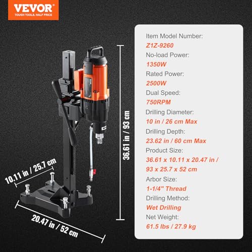 VEVOR Diamond Core Drilling Machine, 10in Wet Concrete Core Drill Rig with Stand Wheels, 750RPM Speed & 1-1/4" Thread & Lifting Handle, 10in Drilling VEVOR