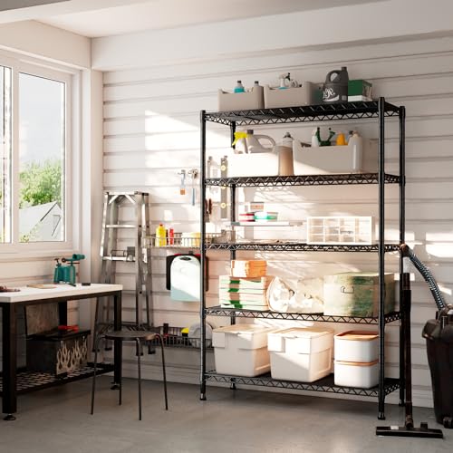 REIBII 73''H Storage Shelves 1780LBS Wire Shelving Unit with Wheels 5 Tier Metal Shelving,Heavy Duty Metal Shelves for Storage Rack,73''HX35''WX15''D REIBII