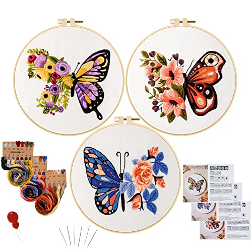 Anidaroel 3 Sets Butterfly Flower Pattern Embroidery Starter Kit for Beginners, Stamped Cross Stitch Kits for Beginners Adults Include Embroidery Anidaroel