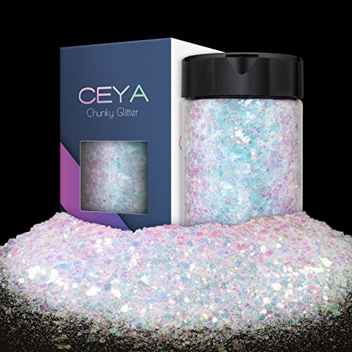 Ceya Chunky Glitter, 4.9oz/ 140g Iridescent White Craft Glitter Powder Mixed Fine Metallic Nail Sequins Flakes for Epoxy Resin, DIY Crafts Tumblers ceya