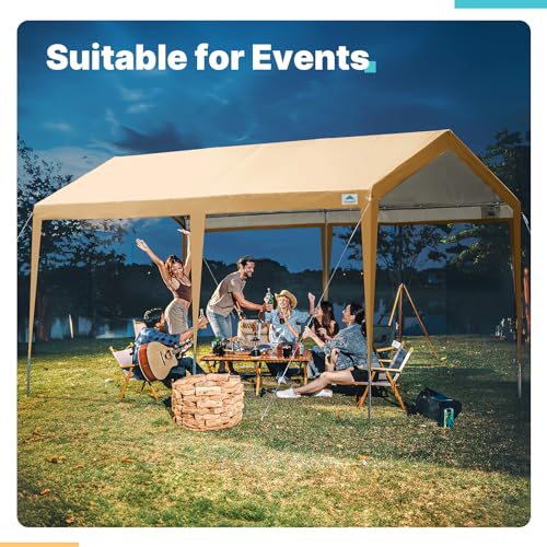 ADVANCE OUTDOOR 10x20 ft Steel Carport with Adjustable Height from 9.5 to 11 ft, Heavy Duty Car Canopy Garage Party Tent Boat Shelter Portable, Beige ADVANCE OUTDOOR