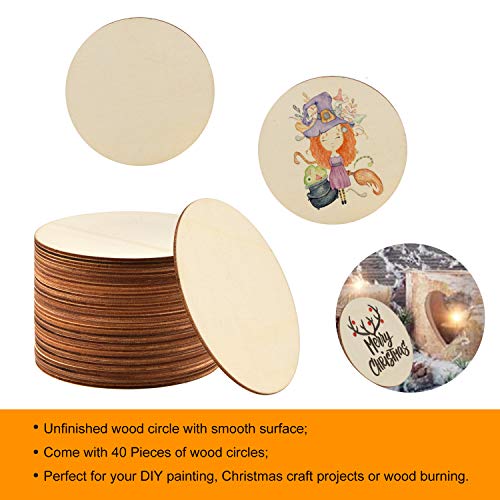 40 Pieces 6 Inch Unfinished Wooden Circles, Wooden Cutouts Natural Round Wood Slices for DIY Wood Craft, Door Hanger, Painting, Wedding, Coasters, Coopay