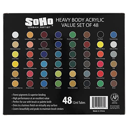 Soho Urban Artist Acrylic Paint - Thick, Rich, Water-Resistant, Heavy Body Paint, Assorted, Set of 48-12mL Soho Urban Artist