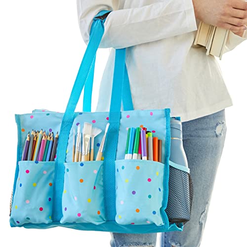 Juvale Large Utility Tote Bag with Pockets, Compartments, and Zip Top for Teachers, Nurses, Crafts, Travel Organization (Light Blue, 14.5 x 10.5 x 6 Juvale