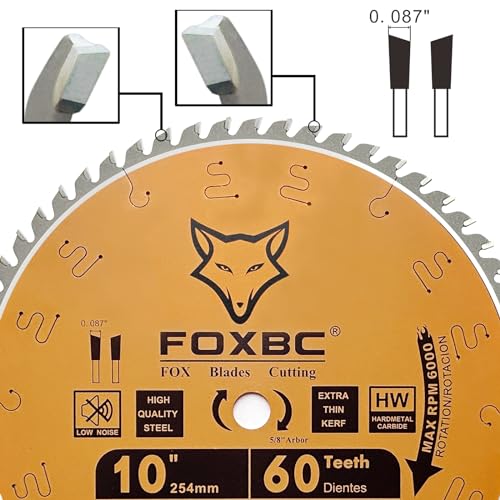 FOXBC 10-Inch Miter/Table Saw Blades, ATB, 60-Tooth, Thin Kerf Fine Finish Crosscut Blade with 5/8-Inch Arbor FOXBC