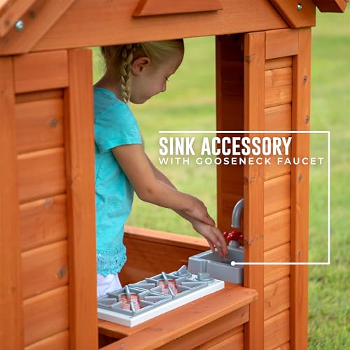 Backyard Discovery Timberlake All Cedar Wooden Playhouse, Country Cottage, Sink, Stove, White Trimmed Windows, Kitchen with Sink and Stove, Flowerpot Backyard Discovery
