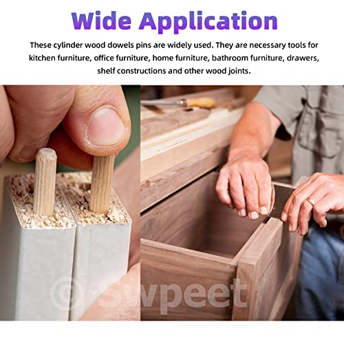 Swpeet 505Pcs 4 Sizes 1/4" 5/16" 3/8" 1/2" Wooden Dowel Pins Straight Grooved Pins with Center Point Cylinder Wood Dowels Assortment Kit, Dowel and Swpeet