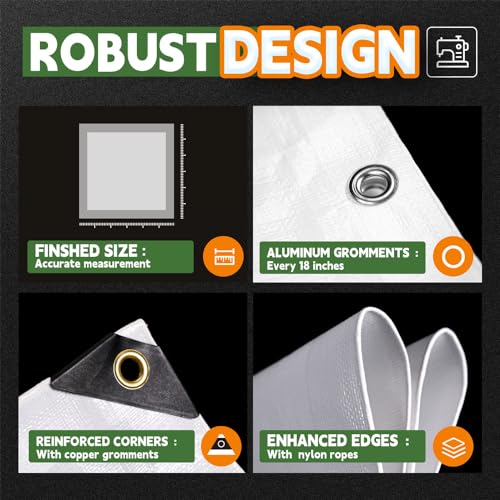 RAINDEWAY 12 Mil Heavy Duty White Tarp 6x20 Feet, UV Resistant, Waterproof, Weatherproof Poly Tarp with Metal Grommets and Reinforced Edges RAINDEWAY