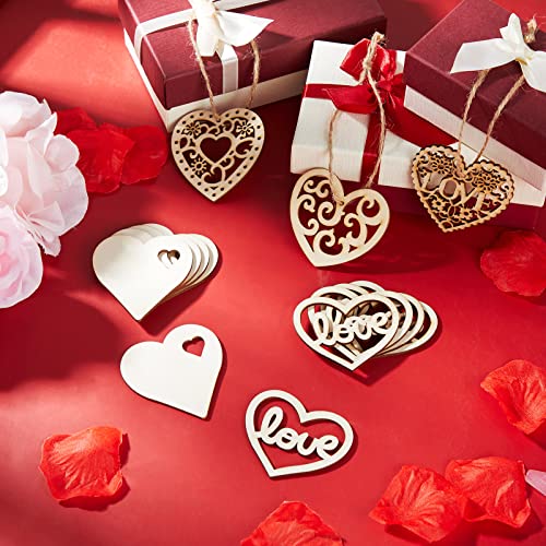 45 Pieces Valentine Wooden Cutouts Wood Heart Cutouts Ornaments Unfinished Heart Wood Slices Wood Cupid Shape Slices with 45 Pieces Hemp Rope for Maitys