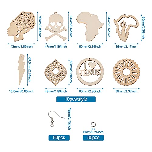 FASHEWELRY 80Pcs Unfinished Wooden Earrings Pendants Africa Shape Wood Earring Blank with 80Pcs Jump Rings & Earring Hooks for Jewelry Making FASHEWELRY