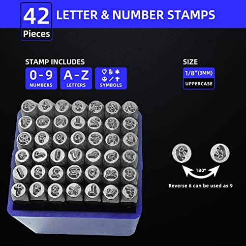 BESTNULE 42PCS Metal Stamping Kit, Number and Letter Stamp Set (A-Z, 0-9 and&,Love Symbol), Industrial Grade Hardened Carbon Steel, Perfect for BESTNULE