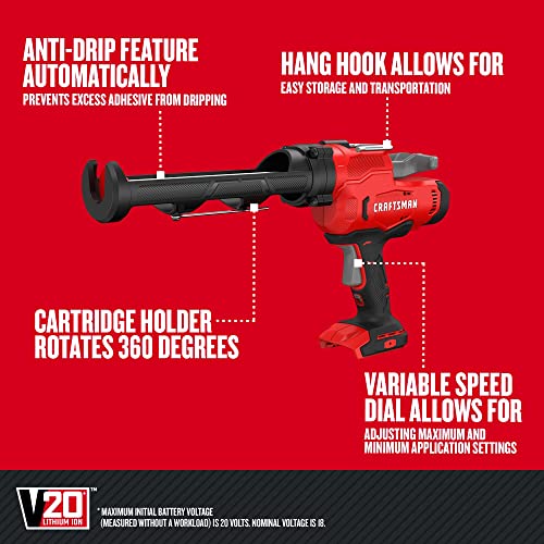 CRAFTSMAN V20 Caulk Gun, No Drip, Cordless, with anti-drip and variable speed, Tool Only (CMCE600B) Craftsman