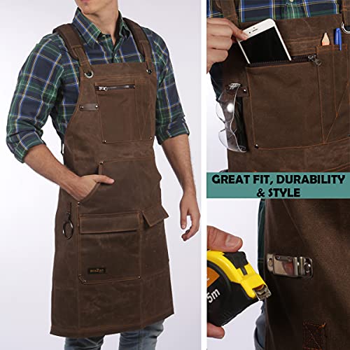 Woodworking Shop Apron - 16 oz Waxed Canvas Work Aprons | Metal Tape holder, Fully Adjustable to Comfortably Fit Men Size S to XXL | Tough Tool Apron ecoZen Lifestyle