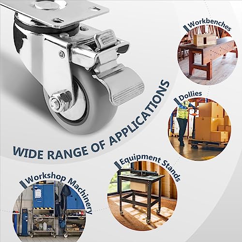 POWERTEC 3 Inch Swivel Caster Wheels Set of 4 with Brake & 880 lbs Loads, Heavy Duty Plate Casters, Dual Locking PU Castor Wheels for Furniture, POWERTEC