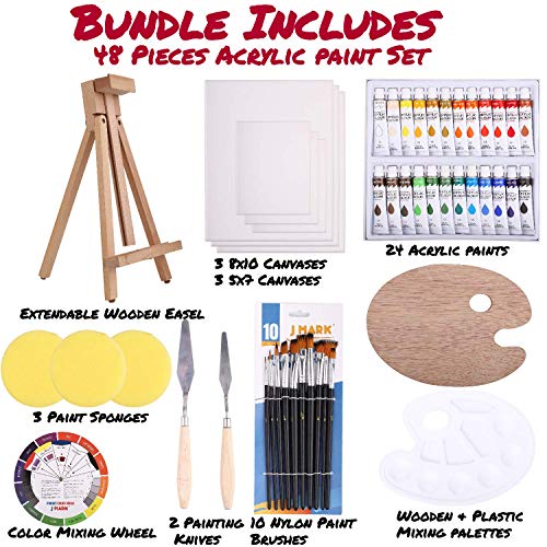 J MARK 48pc Deluxe Painting Kits for Adults - Includes Adjustable Wood Easel, Thick Canvases, Acrylic Paints, Brushes Set,Wooden and Plastic J MARK