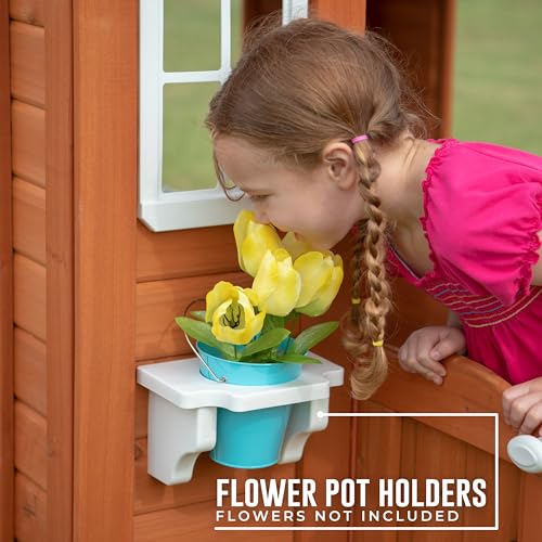 Backyard Discovery Timberlake All Cedar Wooden Playhouse, Country Cottage, Sink, Stove, White Trimmed Windows, Kitchen with Sink and Stove, Flowerpot Backyard Discovery