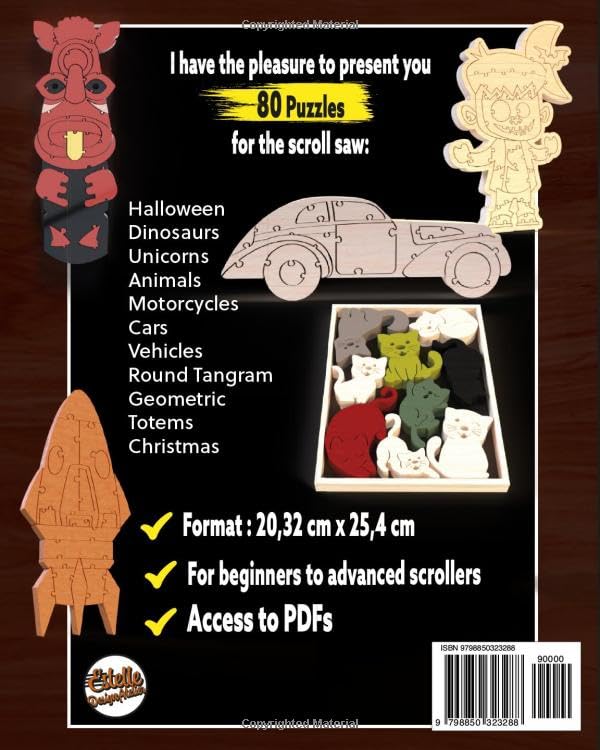 Scroll saw patterns 80 puzzles: Inspirations for woodworking lovers, Halloween, Dinosaurs, Unicorns, Animals, Christmas... WoodArtSupply