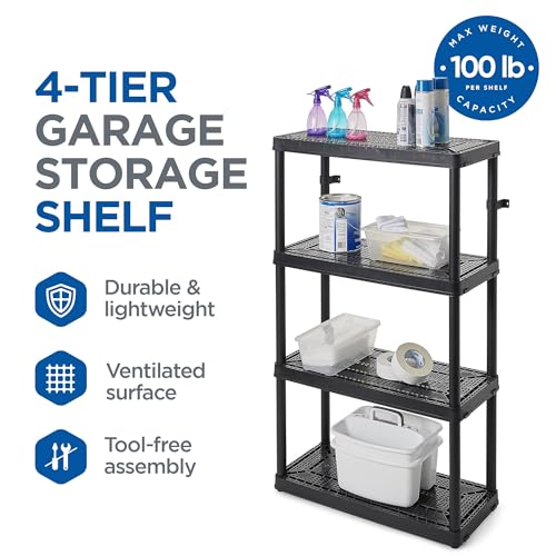 Gracious Living 14" x 32" x 54.5" 4-Shelf Tier Resin Multi-Purpose Medium Duty Indoor Garage Storage Organizer Shelves, Black Gracious Living