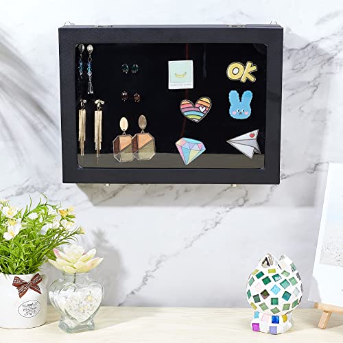 NBEADS Black Velvet Pin Display Case, 11x7.8x1.9 Inch Wall Hanging Brooch Jewelry Storage Case Wooden Presentation Boxes with Glass Window and NBEADS