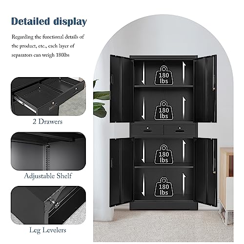 BESFUR Metal Storage Cabinet, Locking Storage Cabinet with Drawers and Adjustable Shelves for Garage, Office, Classroom- Black BESFUR