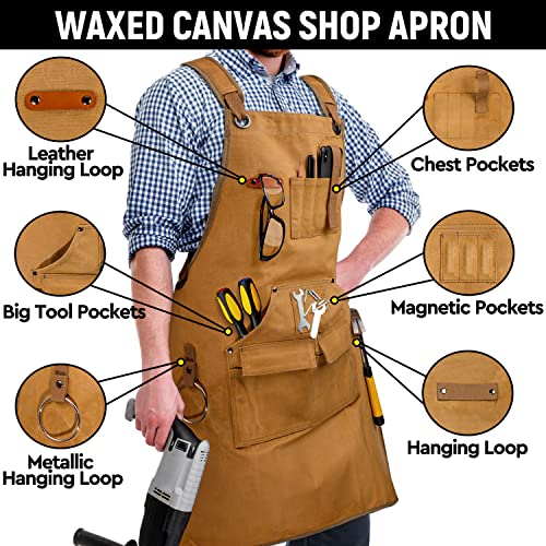 UUP Woodworking Apron for Men 20 oz Work Apron for Men with 9 Tool Pockets, Heavy Duty Waxed Canvas Apron Fit for Size S to XXL, Khaki UUP