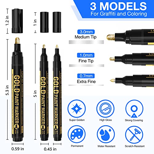 Art Liquid Gold Chrome Markers, KERIFI Reflective Gloss Metallic Chrome Marker Set, Supper Golden Mirror Marker Permanent, Touch Up Repair Paint Pen KERIFI