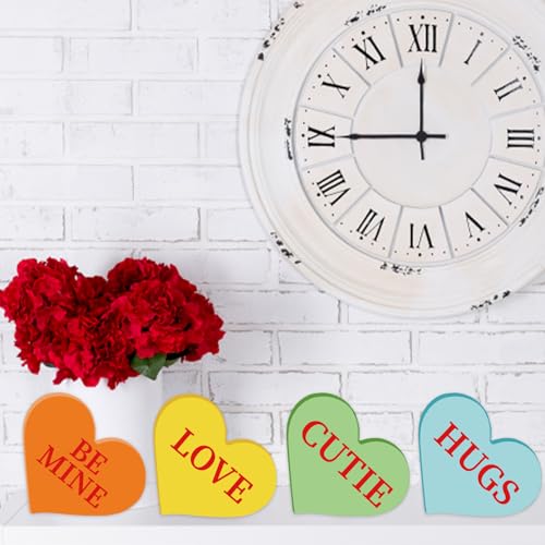 Whaline 6Pcs Valentine's Day Conversation Heart Table Wooden Sign Unfinished Love Heart Wood Slice Double-Sided Heart Tabletop Centerpiece for Whaline