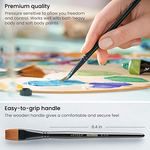 Arteza Paint Brushes, Set of 12, Premium Synthetic Acrylic & Oil Paint Brushes with Brass Ferrules & Wooden Birch Handles, Painting Art Supplies for ARTEZA