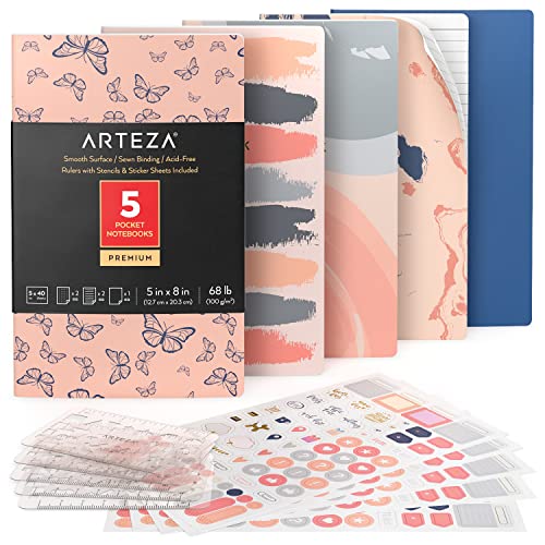 ARTEZA Pocket Notebooks, Set of 5, 5 x 8 Inches, 40 Sheets Each, Butterfly Designs, 2 Dotted, 2 Ruled, and 1 Blank Softcover Journal with Smooth ARTEZA