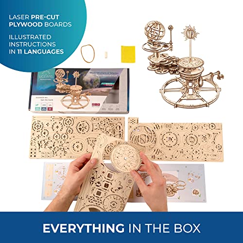 UGEARS Mechanical Tellurion 3D Puzzle Planetarium Solar System Model Kit for Self-Assembly Idea Earth and Moon Jigsaw 3D Wooden Puzzles for Adults UGEARS