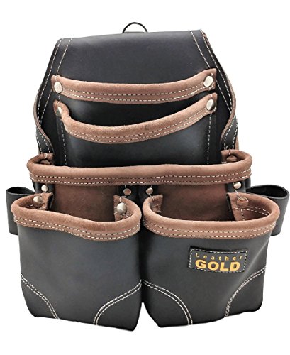 LEATHER GOLD Nail Pouch | Leather Tool Pouch 3150DP, 5 Pockets, Black, Oil-Tanned Leather, Heavy Duty Carpenter Tool Belt with Reinforced Seams and 2 Leather Gold