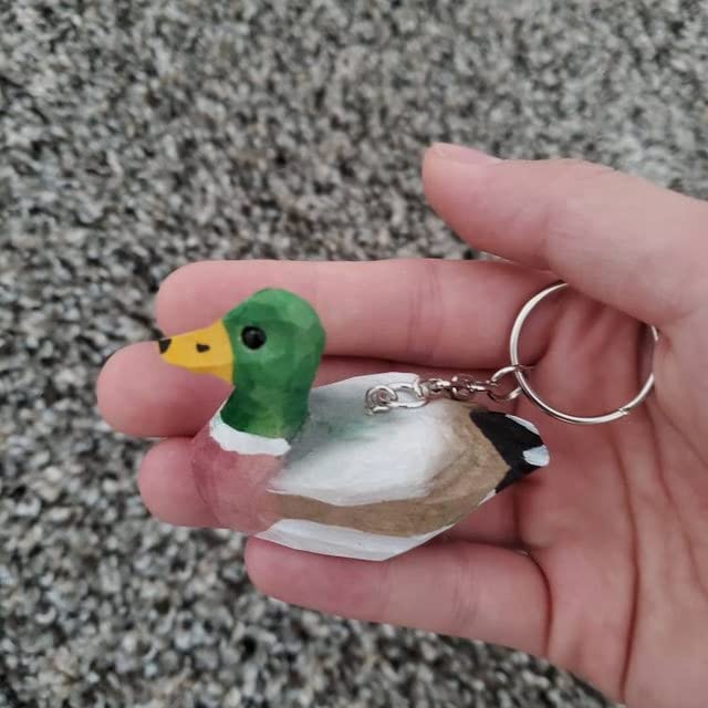 Selsela Wood Drake Duck Keychain Ring Hook Clip Charm Miniature Wood Mini Figurine Small Animal Selsela