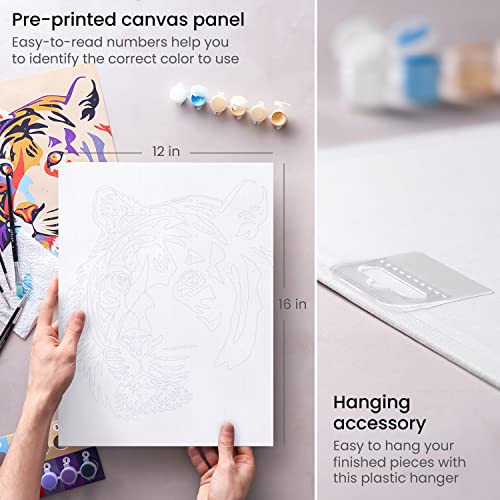 ARTEZA Paint by Numbers Kit, 12x16 Inches, 21 Pieces, Tiger Canvas Painting Kit, Canvas Panel, 12 Acrylic Paint Pots, 5 Paintbrushes, Art Supplies ARTEZA