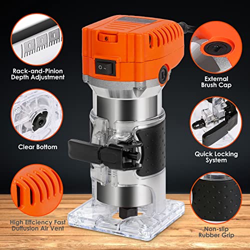 THINKWORK Compact Router, 6.5-Amp 1.25 HP Compact Wood Palm Router Tool, 6 Variable Speeds Wood Trimmer with 15 Pieces 1/4" Router Bits Set, THINKWORK