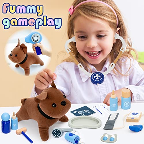 UMU Doctor Kit for Kids, Wooden Pretend Play 37 Pcs Pet Care Play Set Doctor Playset for Toddlers, Montessori Toys Dentist Kit for 3-8 Years Old Boys umu