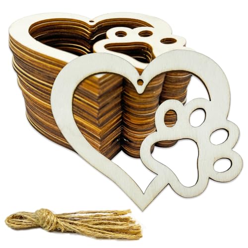 30pcs Dog Paw Heart Wood DIY Crafts Cutouts Wooden Cat Claw Heart Shaped Hanging Ornaments for DIY Projects Dog Pets Themed Party Decorations JEKEJIAJIU