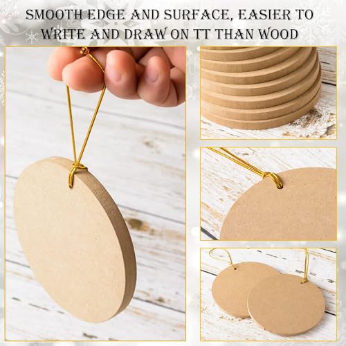 36 Pcs Wooden Christmas Ornaments Unfinished MDF Wood Round Cutouts with Hole 3.9 Inch Blank Round Wood Discs Slices with Twine for DIY Crafts Xmas FOBSME